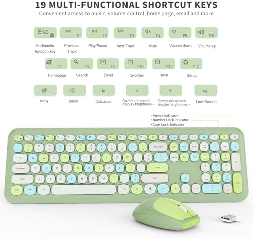 Wireless Keyboard and Mouse Combo, Colorful Ergonomic Full Size Retro Low-Noise Keyboard with Cute keycaps, Compatible with Windows, PC, Perfer for Home and Office Keyboards (Green)