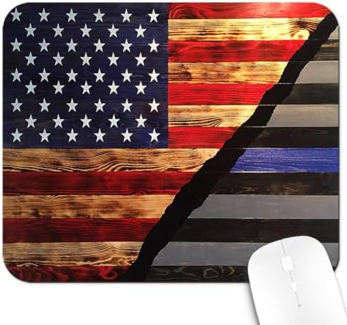 9.5x7.9 Inch Office/Gaming Mouse Pad, Rustic Patriotic American Flag Split Design Wooden Thin Blue Line Honor & Pride, Cute Anti-Slip Mat for Desk Decor