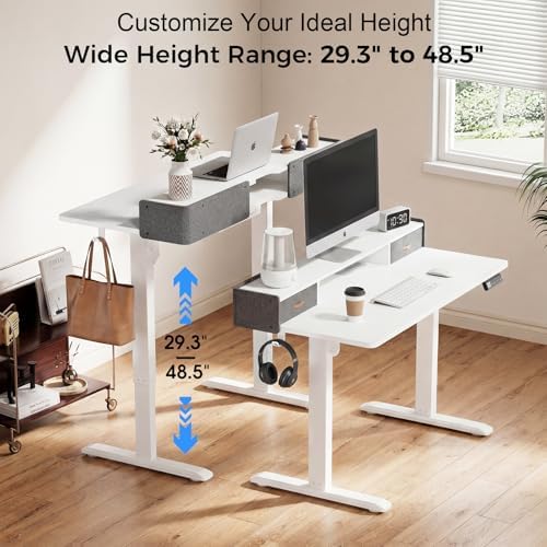Electric Standing Desk with Drawers, 63 Inch Height Adjustable Desk with Power Outlets & LED Lights, Sit Stand Table with Monitor Stand for Home, Office, White