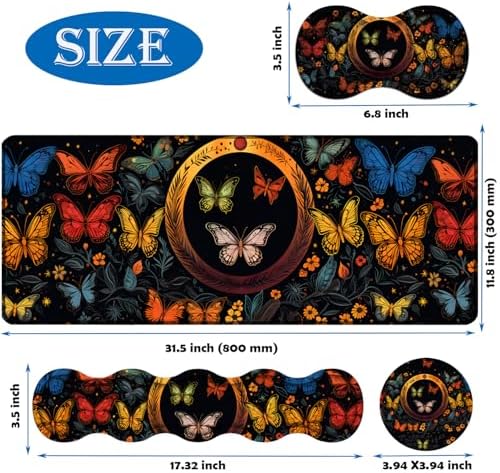 Mouse Pad Combo, Large Gaming Mouse Pad + Keyboard Wrist Support + Mouse Wrist Rest + Coaster, Table Pad 31.5 "x 11.8" with Memory Foam Ergonomic Wrist Pad Set, Colorful Butterfly Moon Pattern
