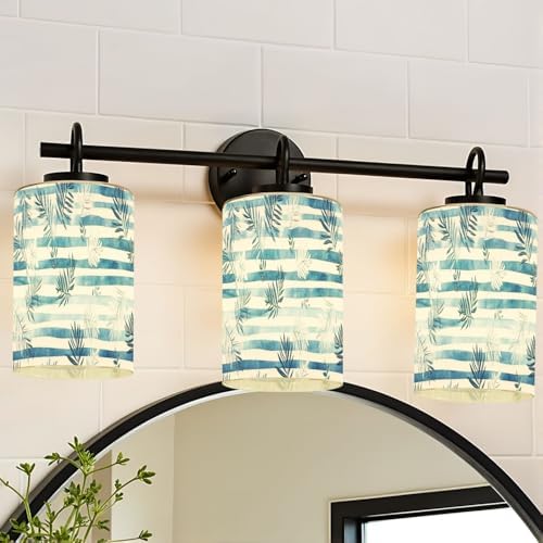 3 Pack Cylinder Glass Lamp Shade Blue stripes seamless pattern palm leaf Covers with 1-5/8" Fitter Opening Light Fixture Replacement for Table Lamp Bathroom Vanity Light