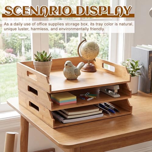 AceOrbit 3 Pcs Stackable Paper Tray Bamboo Wood Desk Organizer Letter Tray