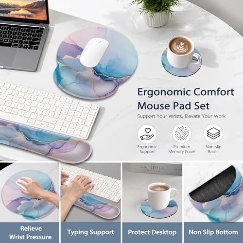 Pink Marble Wrist Rest Support for Mouse Pad Keyboard Set, Blue Gold Flowing Marble Mouse Pad with Non Slip Rubber Base for Home and Office Typing Support