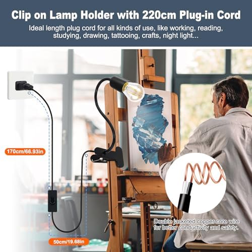 E26/E27 Clip-On Bulb Holder With 7.2Ft Switch Cable - Flexible Desk Lamp With Metal Clip, 9MM&35CM Thickened Lengthened Gooseneck Clamp Light Socket for Bedside Table