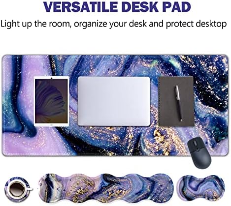 Upgraded Extended Gaming Mouse Pad, Keyboard Wrist Rest Pad, Wrist Support Mousepad Set, Artso Large Stable Rubber Base Stitched Edge Desk Pad (35 x15.5 in) for Work, Office, Home, Purple Marble