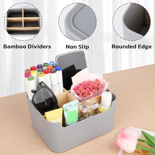 Segarty Gray Desk Storage Organizer, Detachable Divided Bamboo Remote Control Holder Caddy, Desktop Pen Pencil Holder Container Box for Office Supplies Home Bedside Table
