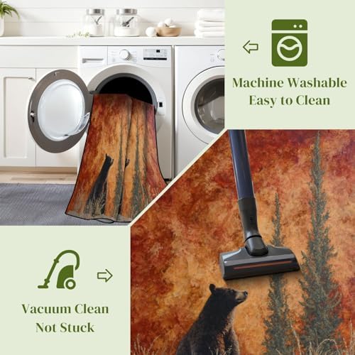 Nature Inspired Bear Pine Scene Warm Earthy Tones Area Rug Outdoor Patio Rug Play Mat Modern Floor Carpet Non-Slip Home Decor Living Room Kids Bedroom Nursery, 9x12 ft