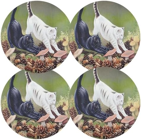 Round Placemats Cat Stretching Non-Slip Stain Heat Resistant Place Mats Washable Table Mats for Kitchen Dining Table Decor, Easy to Clean, Set of 6