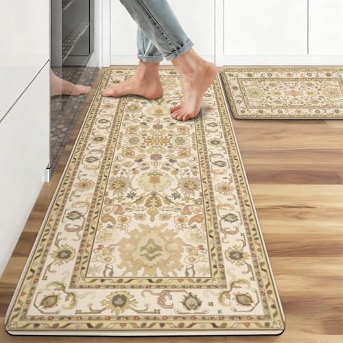 Boho Kitchen Mat, 2PCs, 17.3" x 47" + 17.3" x 29", Cream & Gold