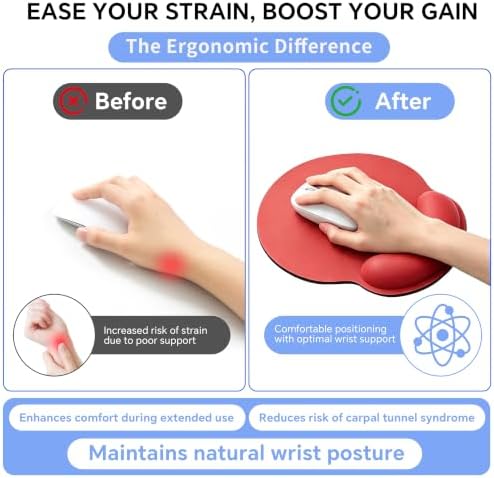 Ergonomic Mouse Pad with Wrist Rest, Lycra Surface, Red