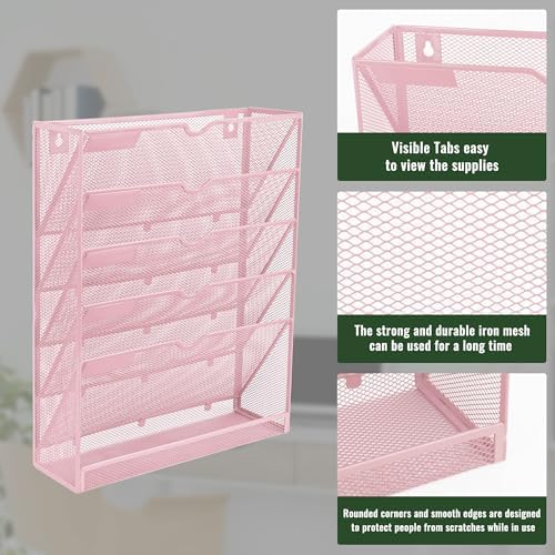 EASEPRES 6 Tier Mesh Hanging Wall File Organizer, Desk Vertical Mail Paper Document Folder Holder Rack with Bottom Tray and Nametag Label for Office Home School, Pink