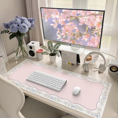 HAOCOO Girly Pink Desk Blotter, 35.4" x 15.7" Computer Mat for Vanity Decor