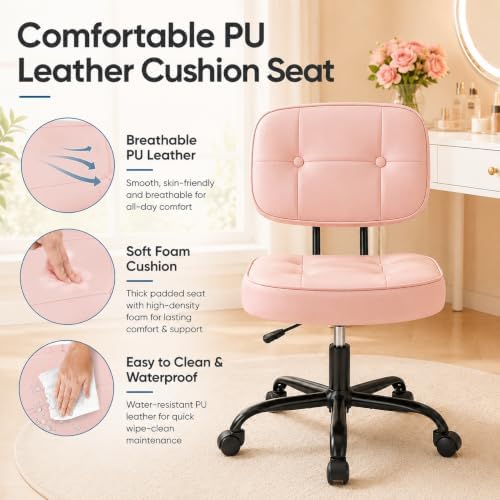Armless Drafting Chair, Ergonomic PU Leather Home Office Computer Task Chair with Lumbar Support, Height Adjustable Swivel Rolling Chair for Small Spaces, Vanity, Bedroom, Study, Living Room, Pink
