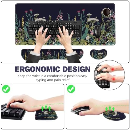 ToLuLu Extended Gaming Mouse Pad, Memory Foam Ergonomic Keyboard Mouse Wrist Rest Support Set, Large Desk Mat with Stitched Edges, Non-Slip Base Mousepad for Home Office Game, Weeds Plants