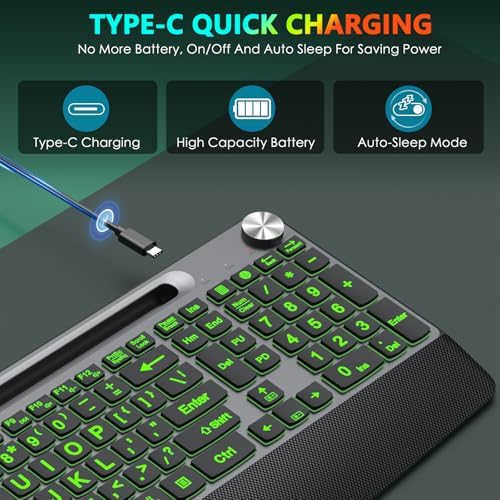 GAMCATZ Large Print Backlit Wireless Keyboard with Wrist Rest-Low-Profile,Phone/Tablet Holder,Rechargeable with Light Up Keyboard,Ergonomic Quiet Computer Keyboard for Desktop,Laptop, PC, Mac-Grey