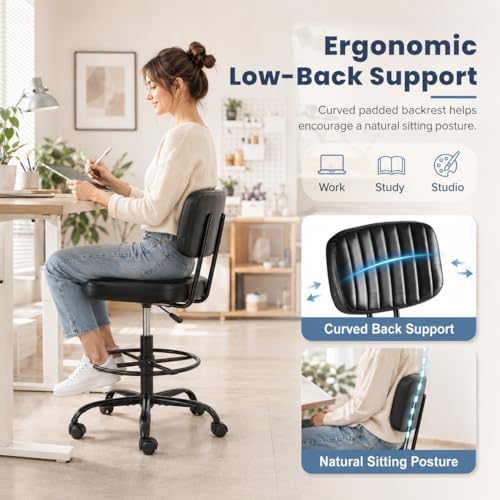 Simple Deluxe Tall Drafting Chair, Low Back PU Leather Standing Desk Chair with Footrest Ring, Swivel Rolling Stool for Studio, Lab, Counter and Small Spaces, Black