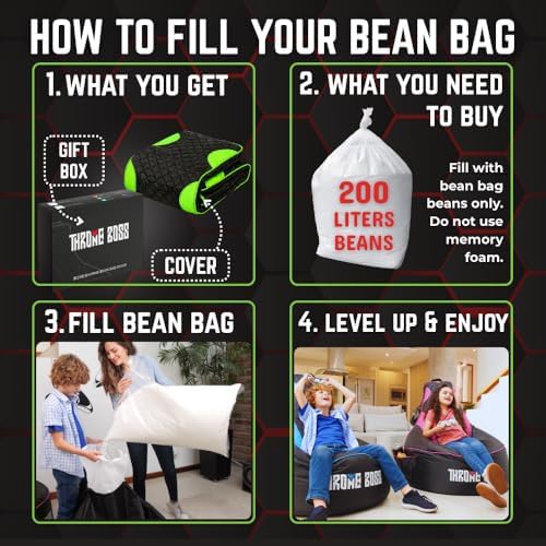 Gaming Bean Bag Chair Cover for Kids, High Back, Large Pockets, Green