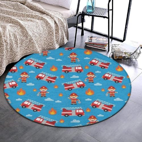 Large Home Decor Mat, Soft Round Yoga Carpet, Non Slip Machine Washable Home Office Circle Rug Red Fire Truck Cartoon, 24inch