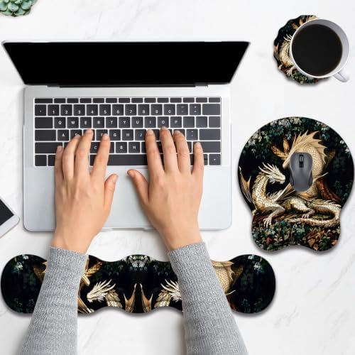 Ergonomic Keyboard Wrist Rest & Mouse Wrist Support Set with Lace Coaster, Gel Memory Foam Anti-Slip Base, Pain Relief for Typing, Dragon