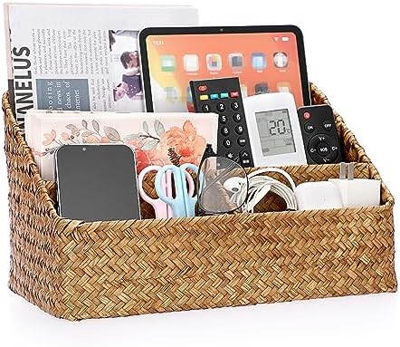 BTSKY Woven Storage Basket, Seagrass Desk Organizer with 4 Compartments