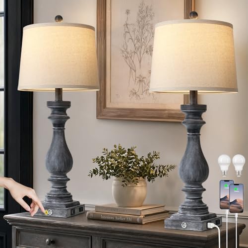 Cinkeda 29" Tall Farmhouse Table Lamp for Living Room Set of 2,Vintage Retro Nightstand Lamps with USB C+A Ports & AC Outlet,3-Way Dimmable Touch Bedside Lamp for Bedroom Side Table,Distressed Black