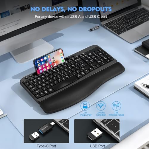 EAYBLLY 2.4G Wireless Ergonomic Keyboard, Full Size Wave Keys with Memory Foam Wrist Rest & 7.28in Phone Holder, USB-C Adapter Included for Windows Mac Chrome OS, Office or Home (Black)