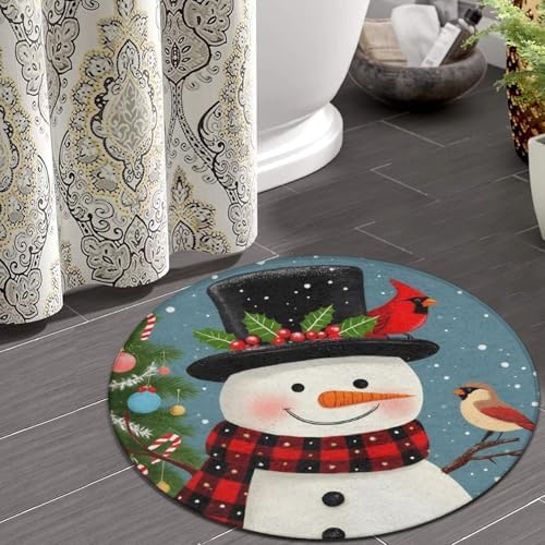 Men's Large Home Decor Mat, Soft Round Yoga Carpet, Non Slip Machine Washable Home Office Circle Rug Christmas Snowman Red Birds
