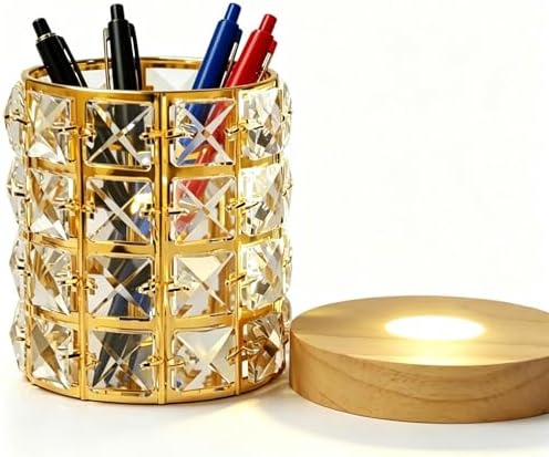 5-in-1 LED Crystal Night Light Wooden Base Makeup Brush Holder Pen Cup