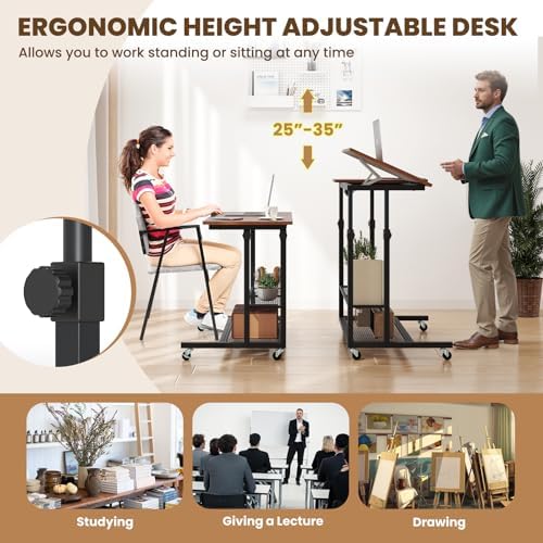 Giantex Mobile Standing Desk, Adjustable Rolling Computer Desk w/Tilting Desktop & Storage Shelves, PC Laptop Table, Small Compact Desk on Wheels for Small Space, Living Room & Bedroom (Rustic Brown)