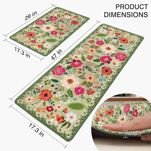 Boho Floral Anti Fatigue Kitchen Rugs and Mats, 17.3"x47"+17.3"x29"