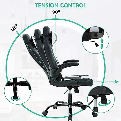 High Back PU Leather Office & Gaming Racing Chair - Comfortable & Heavy Duty - Headrest & Lumbar Support - Height Adjustable - Big & Tall Size - White