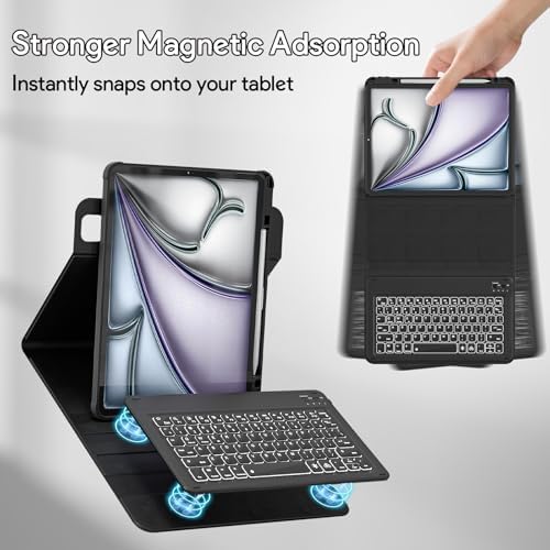 YBING for iPad Air 13 Inch & Pro 12.9 Case with Keyboard and Mouse, 7 Colors Backlit Detachable Keyboard & 360° Rotating Cover (iPad Placed Horizontal or Vertical) with Pencil Holder (Black)