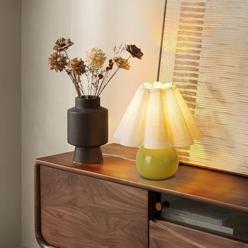 Green Small Touch Control Table Lamp for Bedroom, Green Bedside Lamps for Nightstand, Cute Mini Small Table Lamps for Small Spaces with Scalloped Shade for Kitchen Counter, Bookshelf, Living Room