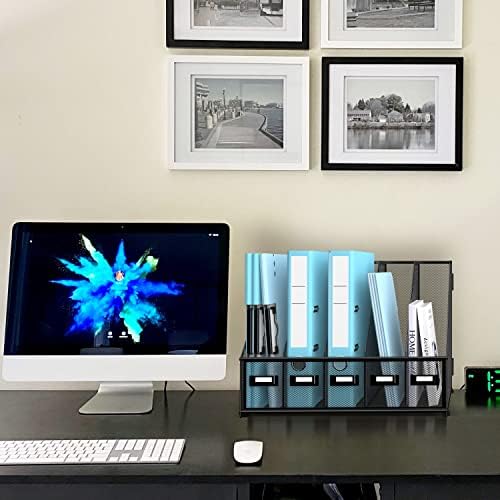 SUPEASY Desk Organizers Metal Desk Magazine File Holder with 16''x12''x12'' 5 Vertical Compartments Rack File Organizer for Office Desktop, Classroom, Home Workspace, Black Plus