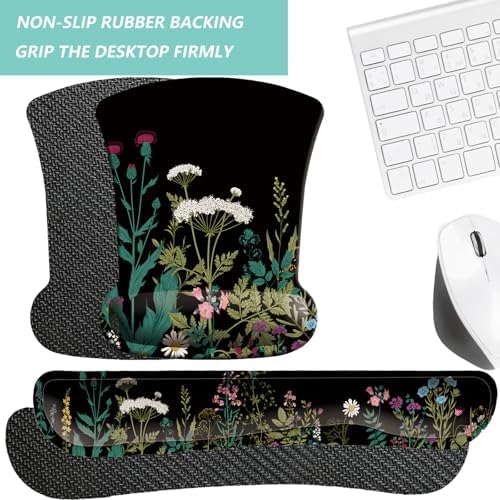 Keyboard Wrist Rest Pad Mouse Pad with Wrist Support Set of 3, Gaming Mousepad with Non-Slip Rubber Base, Ergonomic Memory Foam Mouse Cushion Support for Home Office Laptop Computer, Flowers Grass