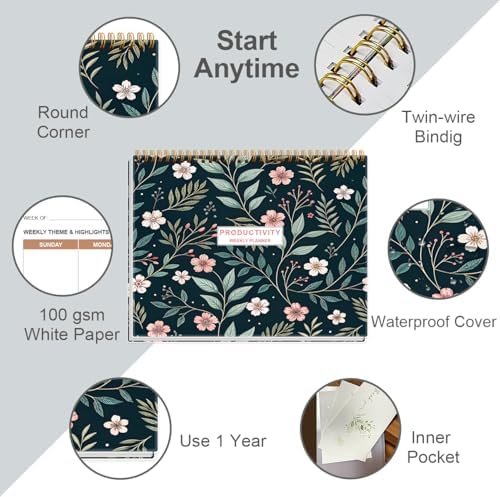 Weekly Productivity Planner - 8.5" x 11" Dashboard Desk Notepad Has 6 Focus Areas to List Tasks for Goals, Projects, Clients, Academic or Meal-Organize Your Daily Work Efficiently, 54 Weeks, Flower-D