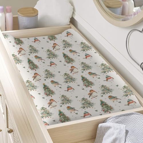 Cute Watercolor Christmas Birds Trees Leaves Pattern Baby Changing Pad Cover, Unisex Christmas Nursery Diaper Changing Table Pad Mat Sheet for Boys Girls-16x32