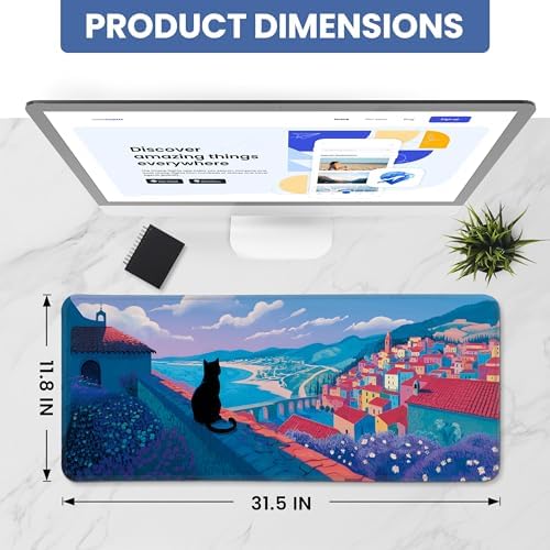 Aesthetic Desk Mat, Cute Hillside Cat Desk Pad Protector for Work & Decor, 31.5" x 11.8", Pretty Non-Slip Extended Mouse Pad for Office or Home