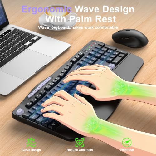 Wireless Keyboard and Mouse Combo, 2.4G Ergonomic Wave Keys(Purple)