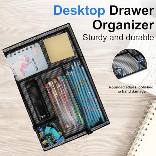 Desk Organizer, Desk Drawer Organizer Tray with Adjustable Dividers, Black Desktop Metal Mesh Office Desk Organizer, Stackable Multifunctional Pen Organizer for Office School Home Makeup Supplies (1)