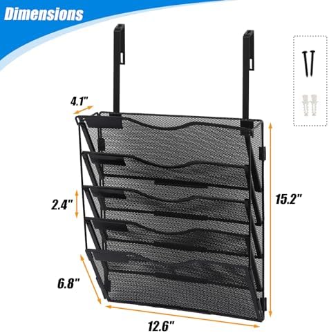 EASEPRES 5 Pocket Mesh Hanging Wall File Organizer with Hangers & Nametag Label, Wall Mounted Mail Paper Document Folder Holder, Clipboard Storage Organization Magazine Rack for Office Cubicle, Black