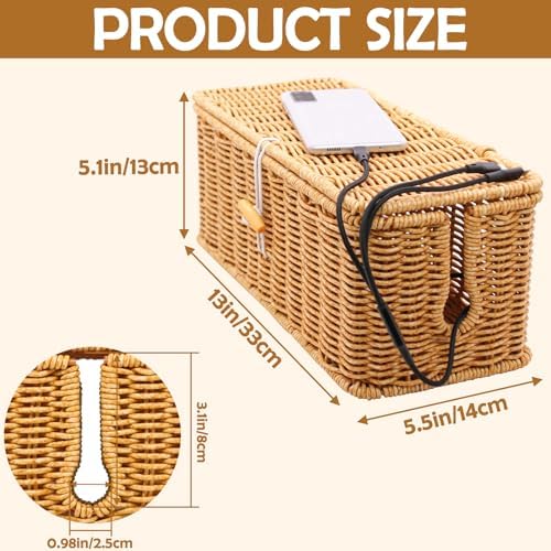Cable Management Box, Handmade Rattan Cable Organizer Cord Basket