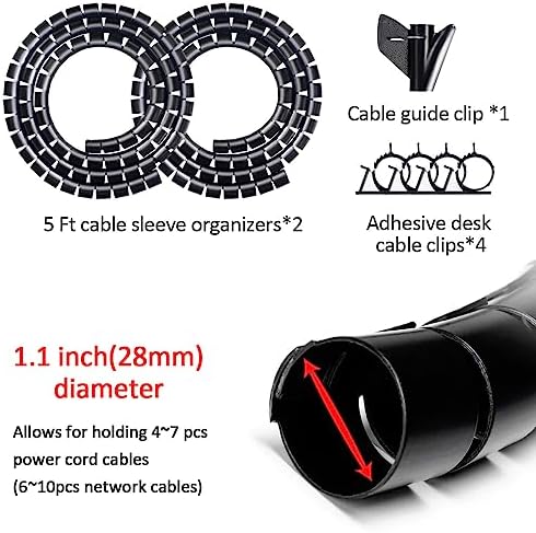 Large PC Cable Management Tube Sleeve Under Desk Wire Organizer for Cords 2 PCS Black, 1.1 inch -5 ft EZ Spiral Cable Wrap Cover Bundler w/Clips for TV Office, Pet Proof Cable Protector