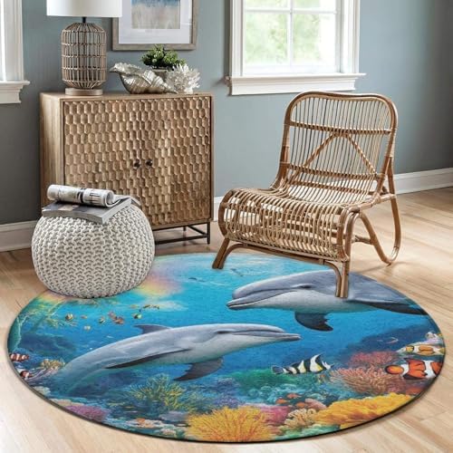 Large Round Area Rug Home Decor Modern Bathroom Rug Kitchen Office Circle Rug for Living Room Sofa Circle Cute Mat Blue Ocean Underwater World Dolphin Art, 60inch