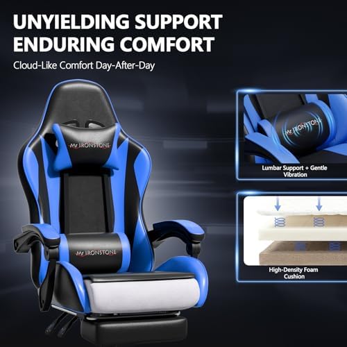 Mr IRONSTONE Gaming Chair with Footrest, Ergonomic Reclining Gamer Chair with Lumbar Support & Massage, High Back Racing Style Video Game Chair, Adjustable Headrest, Swivel Desk Chair, Blue
