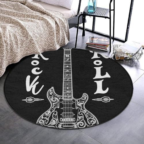 Large Home Decor Mat, Soft Round Yoga Carpet, Non Slip Machine Washable Home Office Circle Rug Rock and Roll Musical Instruments Music Guitar
