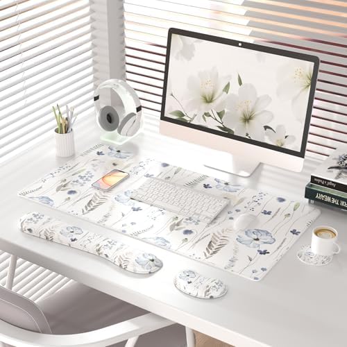 QiyI PU Leather Desk Mat Set, 4-in-1 Ergonomic Wrist Rest, Wildflowers