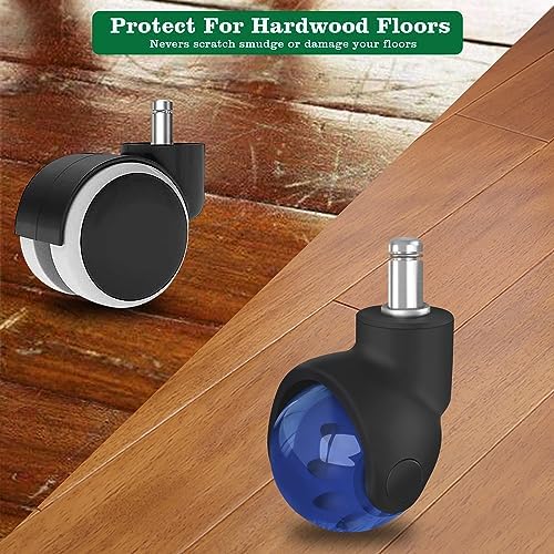 Office Chair Wheels Replacement 2 Inch Rubber Ball Caster Wheels for Wood Floor Carpet Mats, Set of 5, Heavy Duty Desk & Gaming Chair Casters 7/16" (11mm) Grip Ring Stem, Quiet Smooth Rolling (Blue)