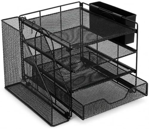 OPNICE Desk Organizer, 4-Tier Desktop File Organizer with Drawer and Pen Holders, Office Desk Accessories, File Sorters, Workspace Organizers for Office Supplies(Black-1)