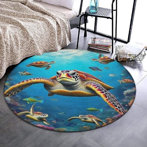 Soft Round Yoga Carpet, Office Chair Decor Round Mat for Carpet and Hardwood Floors Sea Turtle